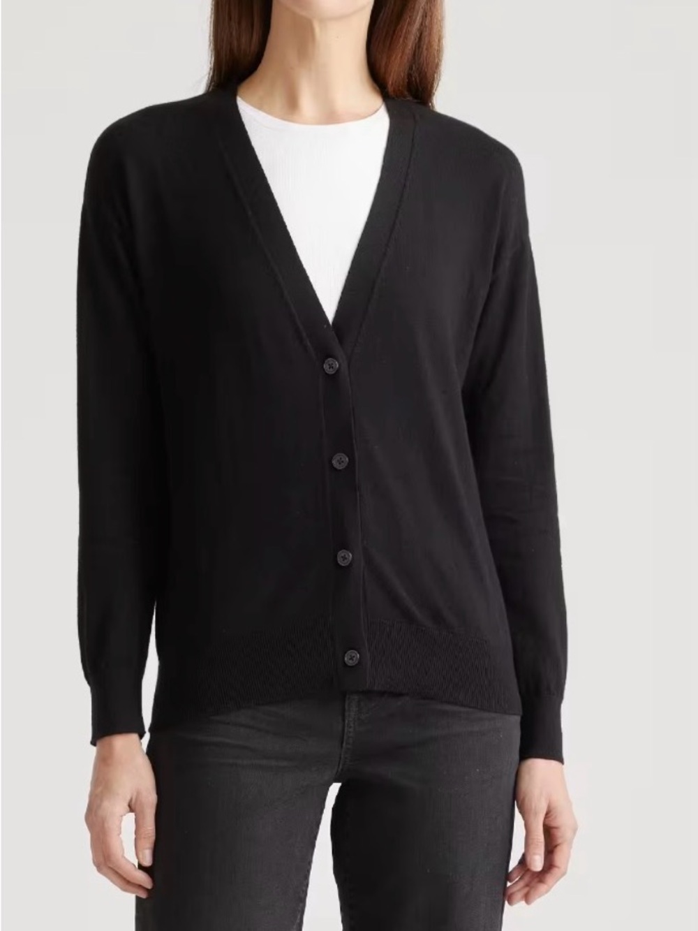 Quince Black V-Neck Lightweight Cotton Cashmere Cardigan Sweater